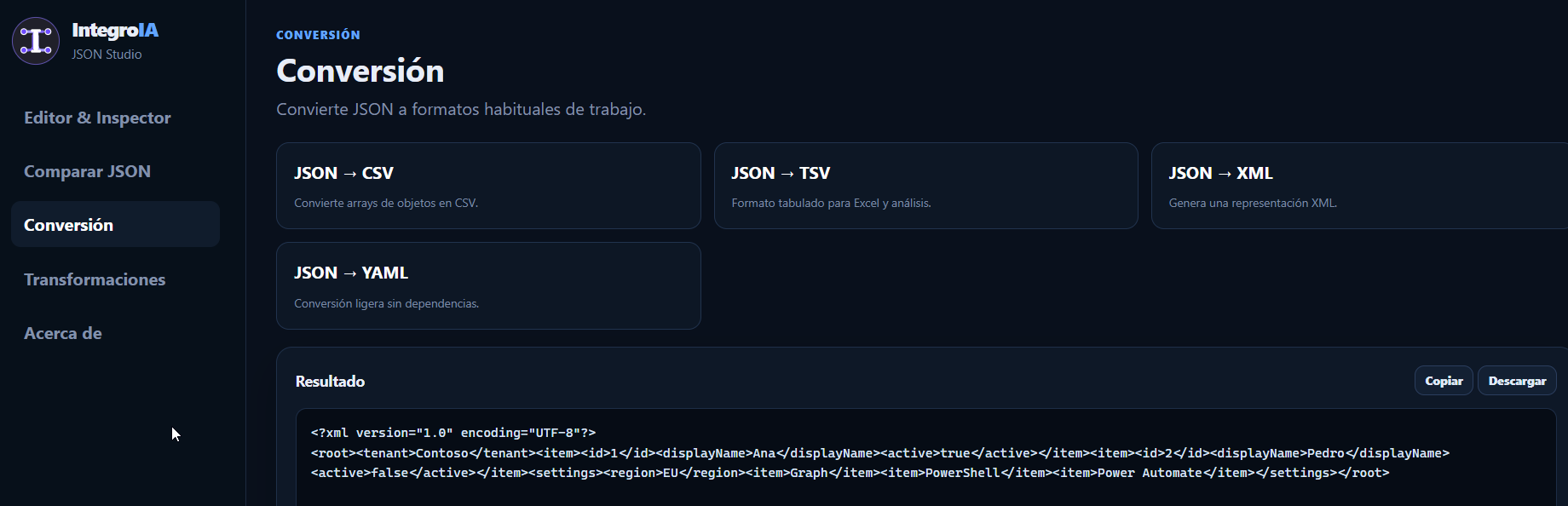 Conversión de JSON a otros formatos
