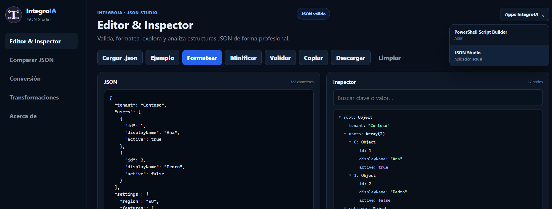 Editor JSON e inspector de estructuras